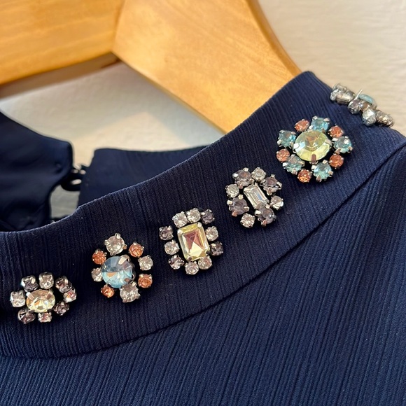J.Crew NWT Navy Blue jeweled neck peplum top - Picture 2 of 6